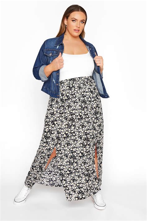 Black Daisy Side Split Maxi Skirt Yours Clothing