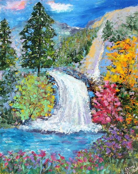 Waterfall Spring Painting Original Oil Painting Palette Knife