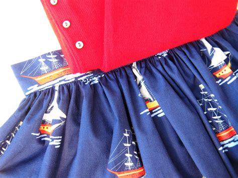 Ship Ahoy Handmade Vintage Style Skirt With Sailing Ships On Navy Background Gathered Fifties