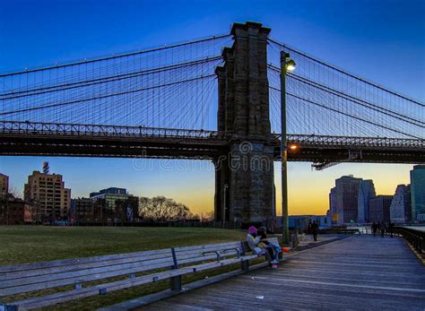 Brooklyn Bridge Seen From Dumbo Park After Sunset During The Blue