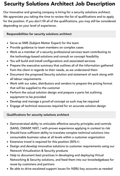 Security Solutions Architect Job Description Velvet Jobs