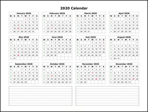 Free Printable 2020 Yearly Calendar Template Best Printable Calendar