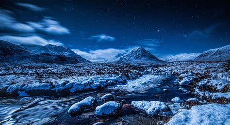 Night Sky Stars Mountains Stream Snow Winter Wallpaper Nature