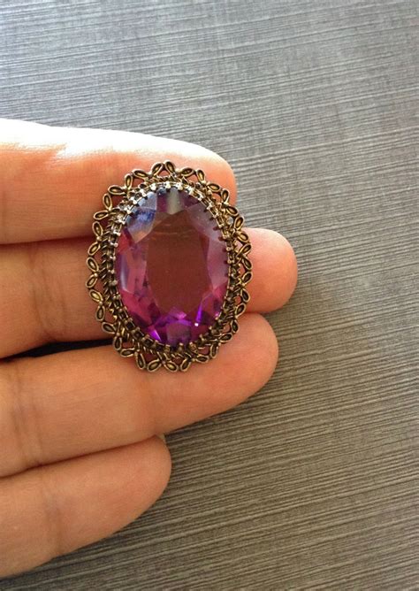 Mid Century Amethyst Glass Oval Sterling Silver Filigree Brooch Pin By