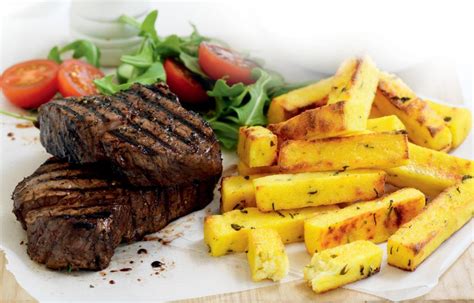 No dry grains of rice here! Pepper steak with herb and parmesan polenta chips ...