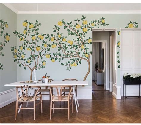 Abstract Watercolor Hand Painted Lemon Trees Wallpaper Wall Etsy