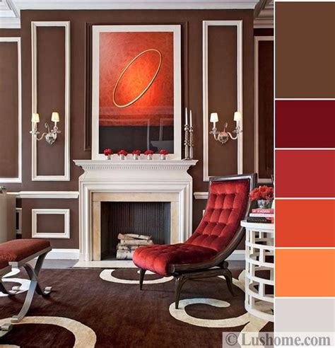 Chocolate brown, beige/white/ivory, tan, and red living. Stylish Orange Color Schemes for Vibrant Fall Decorating