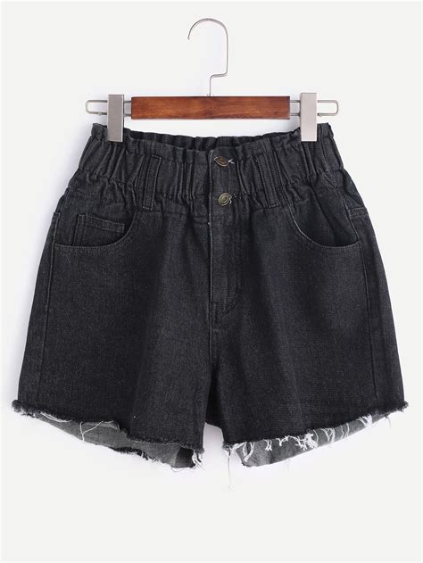 Buttoned Elastic Waist Raw Cut Denim Shorts Sheinsheinside