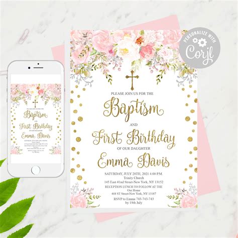 Editable Floral First Birthday And Baptism Invitation Pink And Etsy México