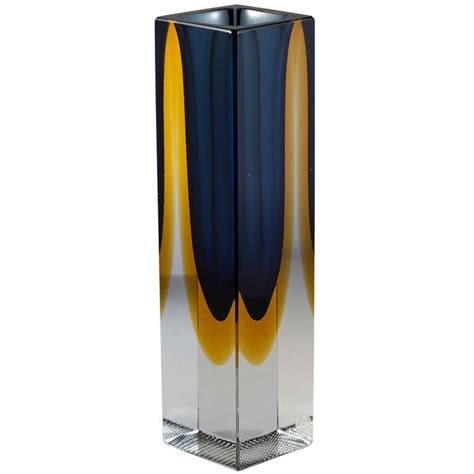 A Heavy Rectangular Murano Sommerso Glass Vase Blue And Gold At Stdibs