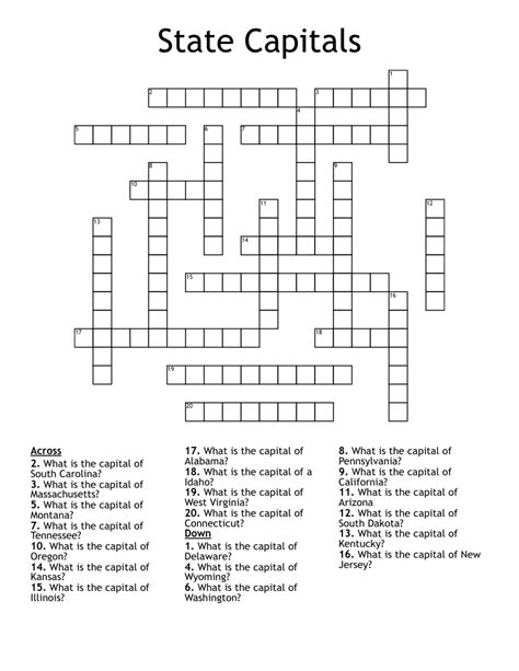 Free Printable State Capitals Crossword States And Ca