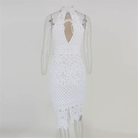 Justchicc Mesh White Lace Dress Women Hollow Out Sleeveless V Neck Sexy Bodycon Dress Skinny