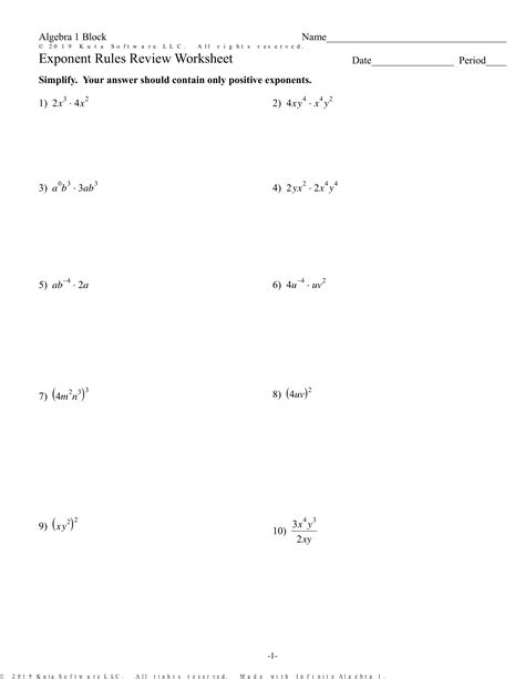 Worksheets Exponent Rules