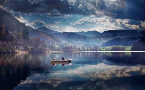 Wallpaper Lake Boat Mountains Trees Clouds Sky 2880x1800