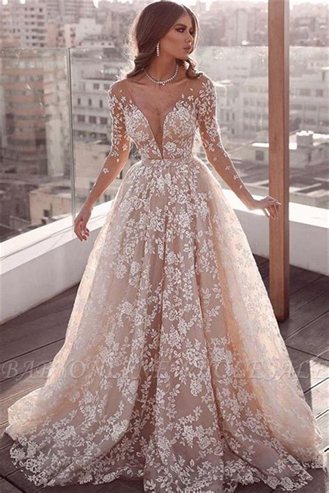 Elegant Lace Applique Wedding Dresses Long Sleeves Floral Bridal Gowns Wedding Dress Long