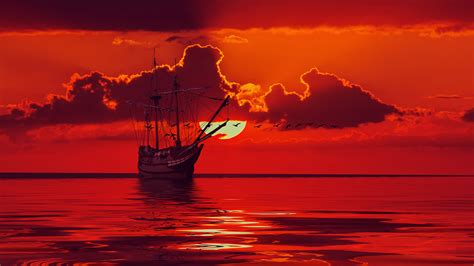 Images Sea Red Sun 3d Graphics Sky Ship Sailing Clouds 3840x2160