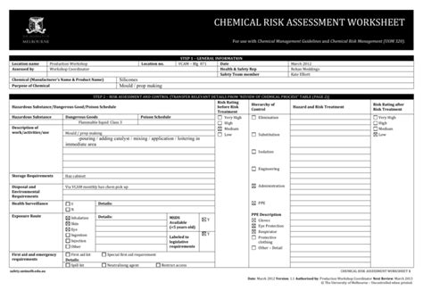 Chemical Risk Assessment Worksheet For Use With