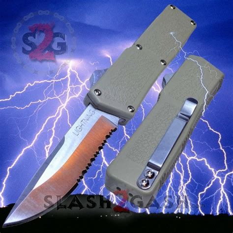 Lightning Otf Dual Action Tan Automatic Knife Satin Serrated Slash2gash