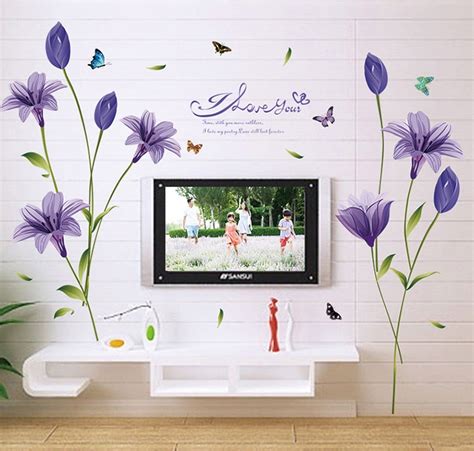 Purple Pink Lilies Large Wall Stickers Home Decor Living Room Diy Art Decal Removable Flower