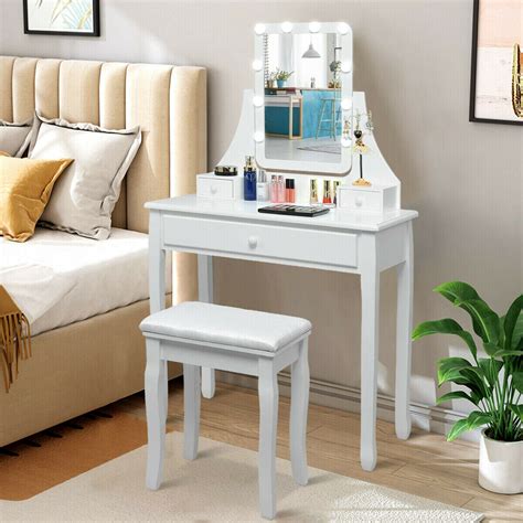 It features one drawer with compartments for keeping your makeup organized. 10 LED Lighted Mirror and 3 Drawers Vanity Table Set-White - Vanities & Makeup Tables