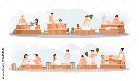 Vecteur Stock Sauna And Steam Room Set Of People In Sauna People Relax And Steam With Birch