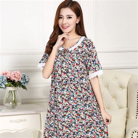 Women Cotton Nightgown Floral Sleep Dress Short Sleeve Sleep Shirt One