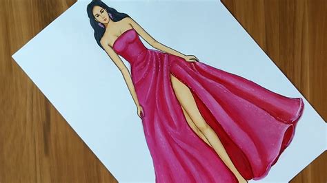 Dress Drawing On A Girl Fashion Illustration Drawing Youtube