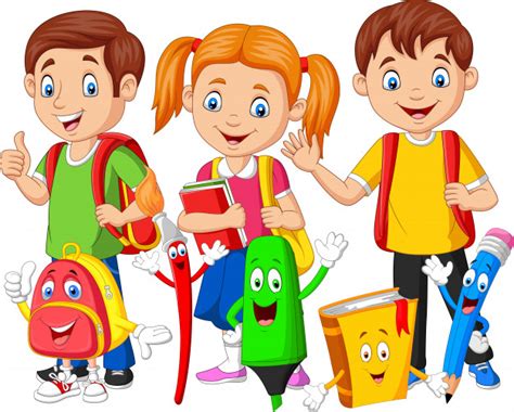Cartoon Happy School Children With School Supplies Premium Vector
