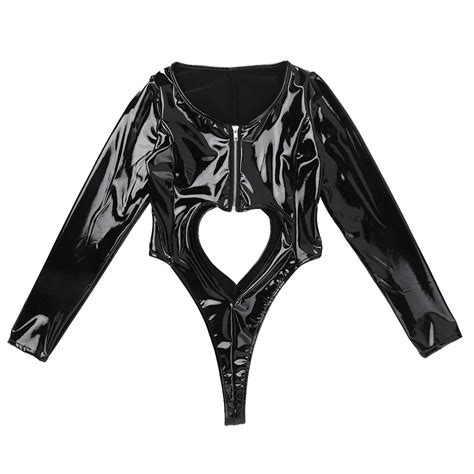 Wet Look Patent Leather Latex Long Sleeve Front Zipper Hollow Out Leotard