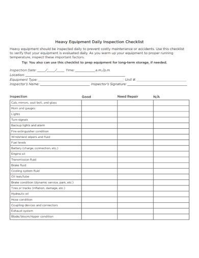 FREE Equipment Inspection Checklist Samples Safety Daily