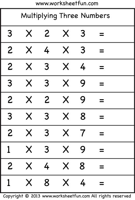 Multiplying 3 Numbers Worksheet Year 4