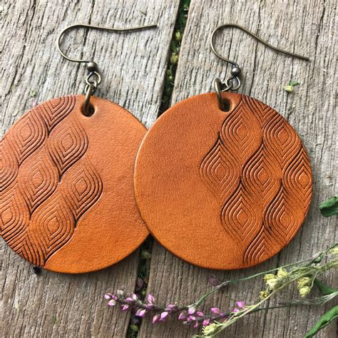 Tooled Leather Earrings Abstract Design In Caramel Brown Etsy