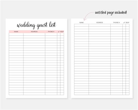 Printable Wedding Guest List Wedding Planner Event Planning Etsy