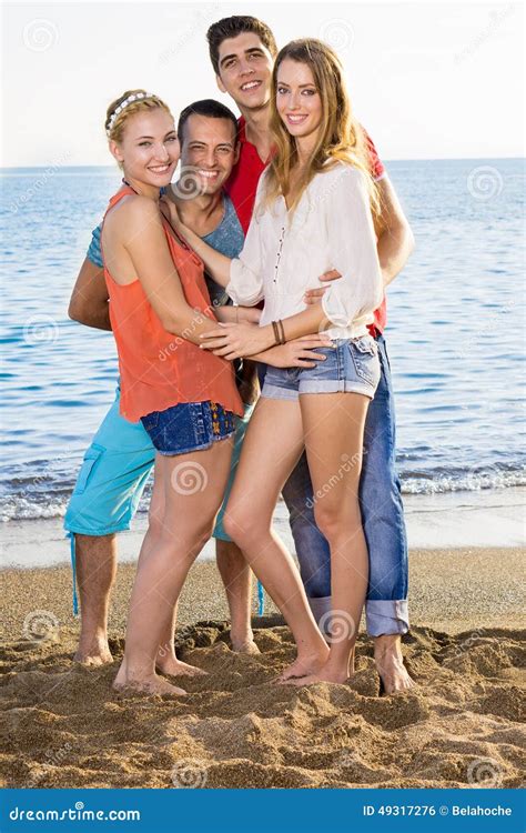 Very Close Happy Friends At The Beach Stock Photo Image Of Intact