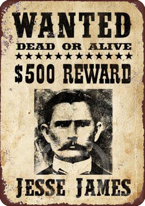 Jesse James Original Wanted Poster Reproduction Metal Sign 8 X 12