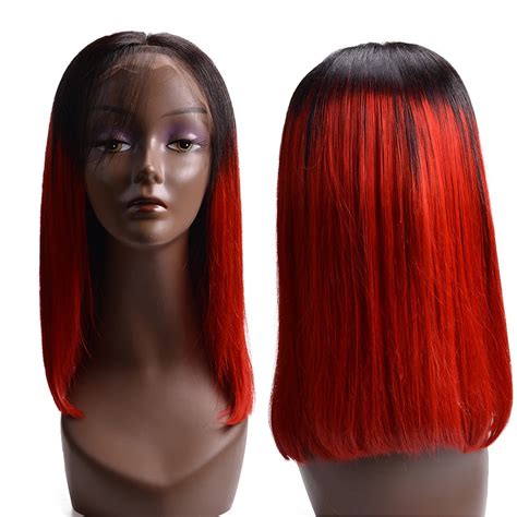 Lace Front Human Hair Wigs 1B Red Short Bob Straight Lace Wigs