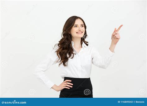 Business Concept Portrait Of Smiling Business Woman Pointing Finger On