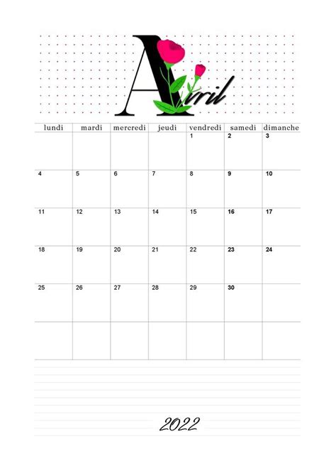 Calendrier Avril 2022 à Imprimer Avec Une Lettre Fleurie Format Pdf