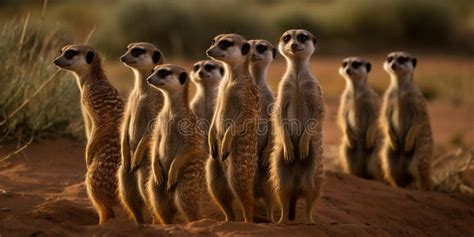 A Group Of Meerkats Standing Upright And Surveying Their Surroundings