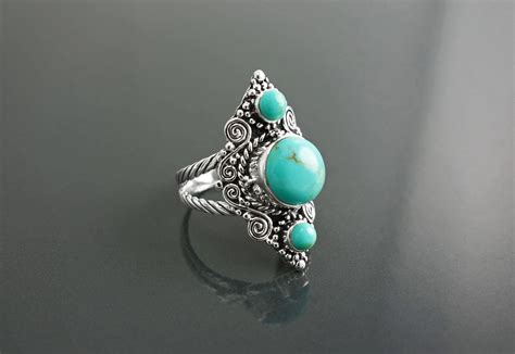 triple turquoise ring sterling silver turquoise stone jewelry ethnic jewelry boho chic