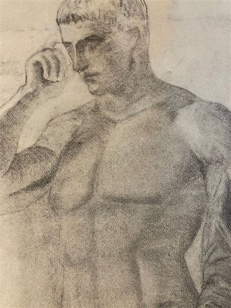 Grand Dessin Académique Mine De Plomb nu Jeune homme Garçon Portrait 1950