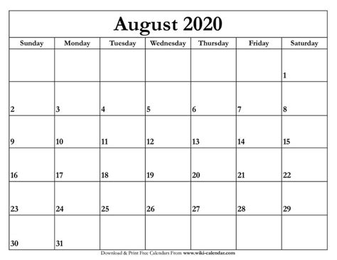 Free Printable August 2020 Calendar Wiki Calendar