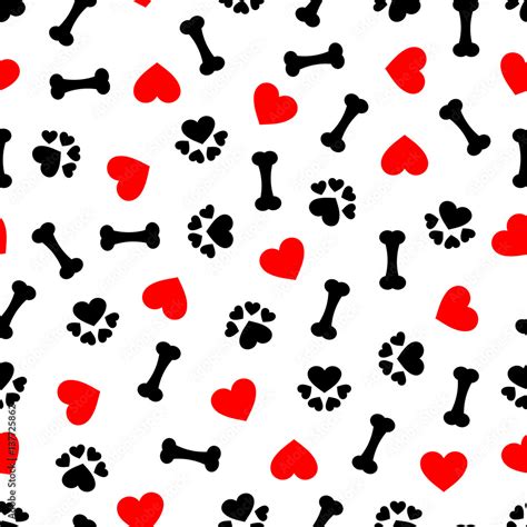 Cute Seamless Pattern With Dog Bone Paw Print And Red Heart