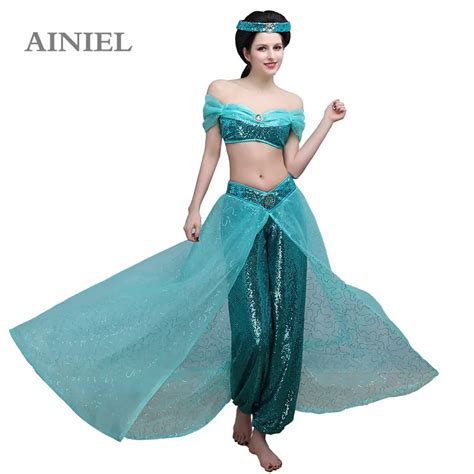 Female Sexy Dress Cosplay Aladdin Princess Jasmine Costume Halloween Light Blue Women Beautiful