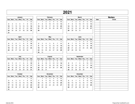 2021 Calendar Template Excel Free Free 2021 Yearly Calender Template