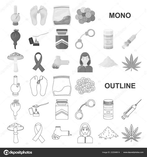 Drug Addiction And Attributes Monochrom Icons In Set Collection For