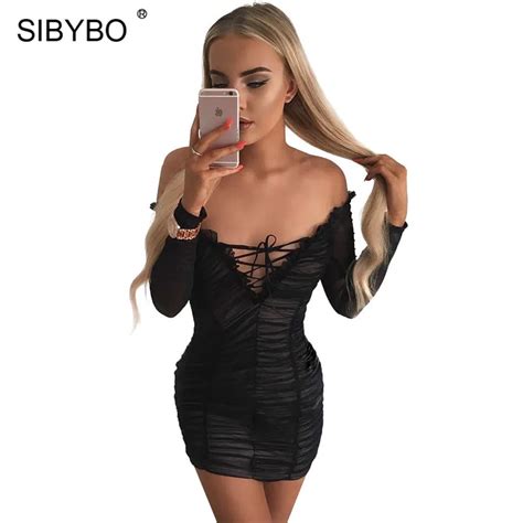 sibybo mesh patchwork strapless sexy dress women off shoulder lace up mini dress long sleeve