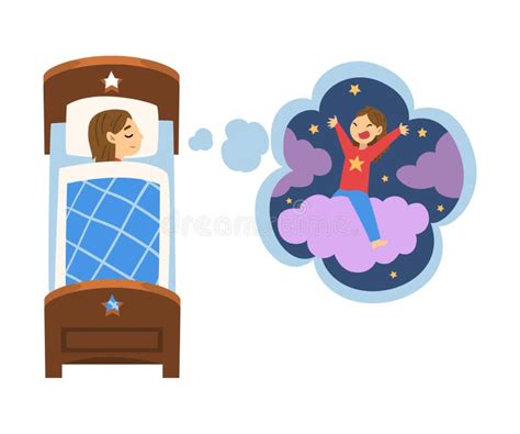 Cute Girl Sleeping In Bed And Dreaming About Girl Riding Cloud Kid