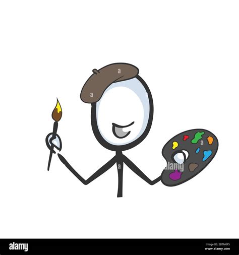 Painting Artist With Palette And Beret Hand Drawn Stickman Cartoon