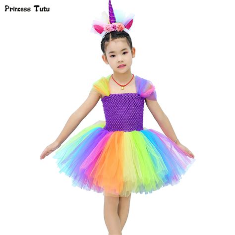 Colorful Rainbow Unicorn Tutu Dress Princess Tulle Kids Birthday Party